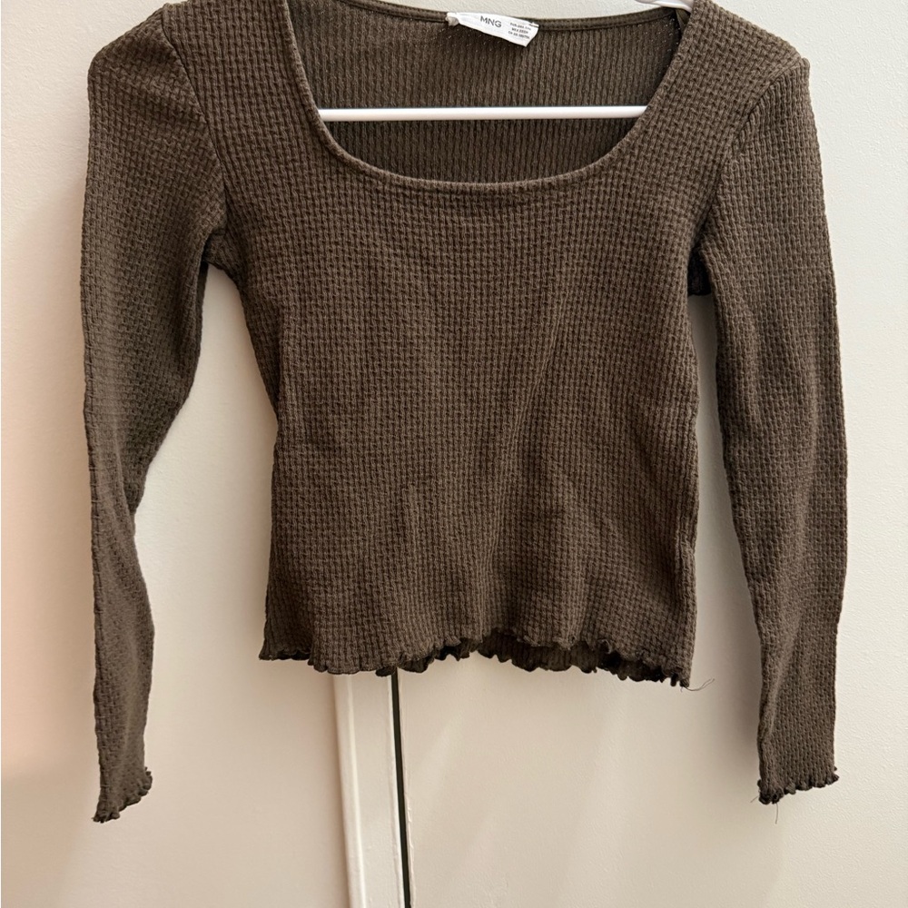 Mango Brown-Green Waffle Knit Long Sleeve Top